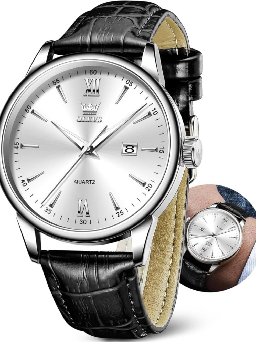 OLEVS Men Leather Watch,Mens Wrist Watches,Big Face Watches for Men,Leather Band